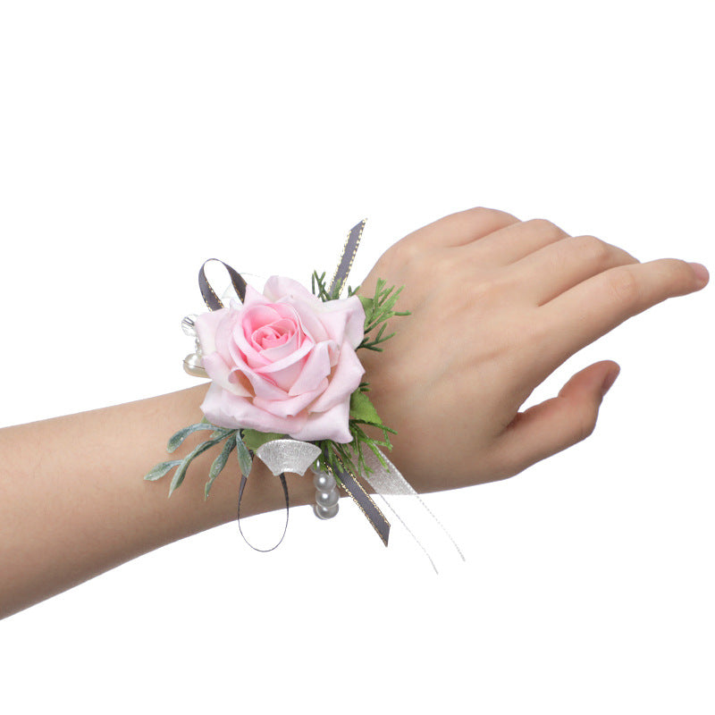 Mori Rose Bride and Groom Wrist Flower Brooch Wedding Sisters Group Hand Flower Groomsmen Group Corsage, CG61480