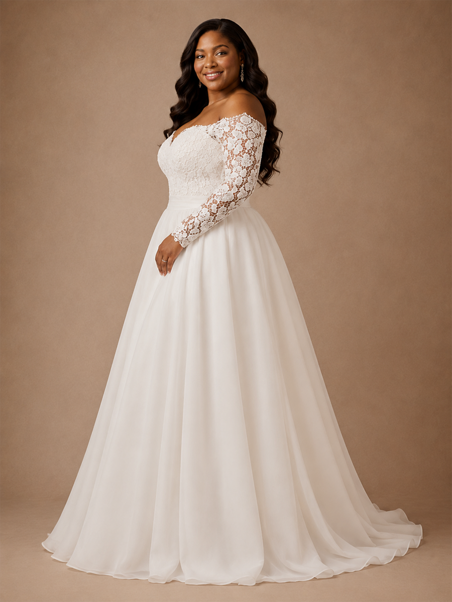 ChicSew Elegant Sweetheart Long Sleeves A-Line Lace Appliques Chiffon Maxi Wedding Dress
