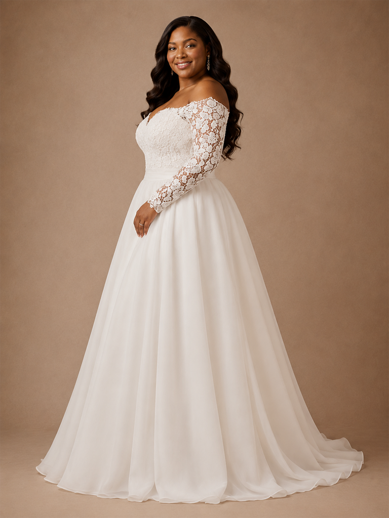 ChicSew Elegant Sweetheart Long Sleeves A-Line Lace Appliques Chiffon Maxi Wedding Dress