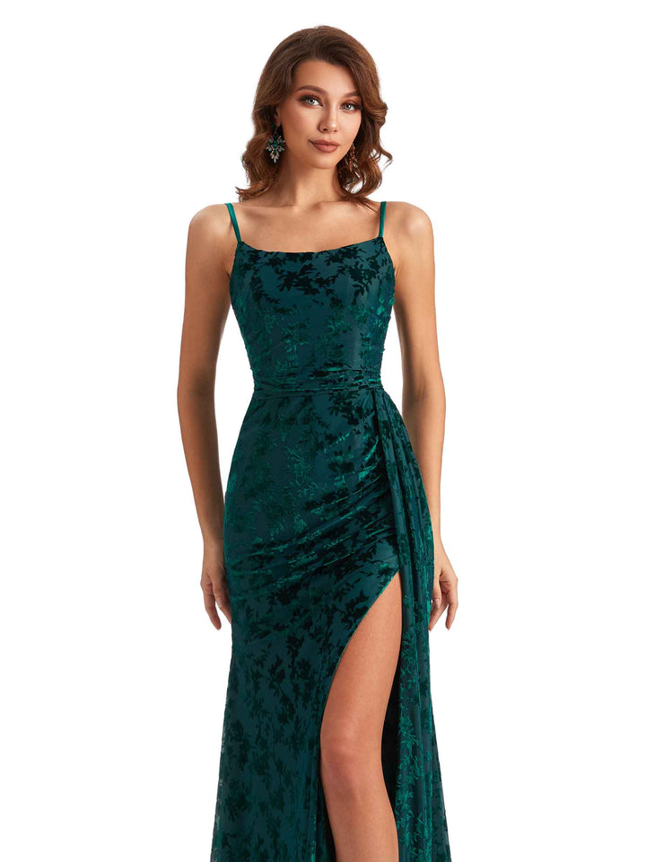 Sexy Side Slit Spaghetti Straps Mermaid Floral Velvet Long Wedding Guest Dresses Online