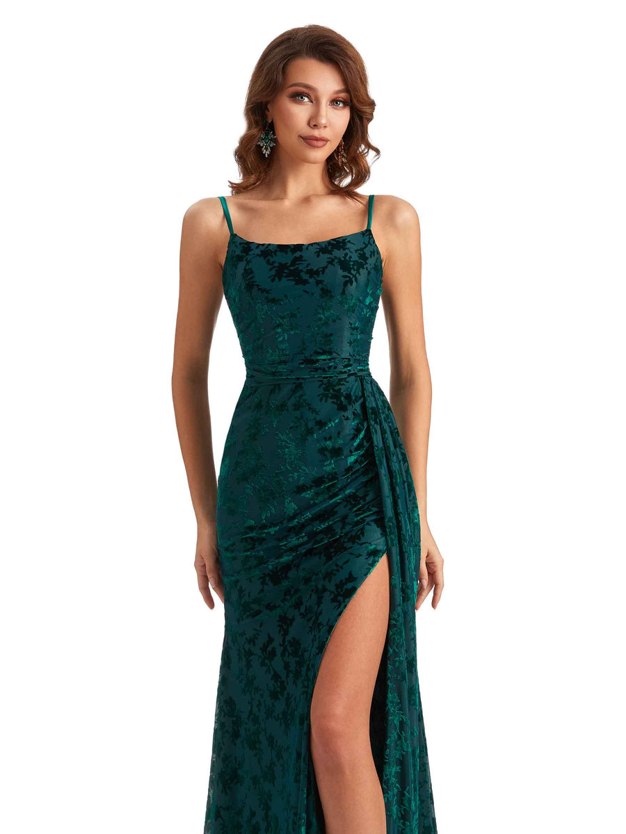 Sexy Side Slit Spaghetti Straps Mermaid Floral Velvet Long Wedding Guest Dresses Online