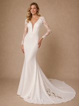 ChicSew Sexy V-Neck Lace Long Sleeves Mermaid Crepe Floor-Length Wedding Dress