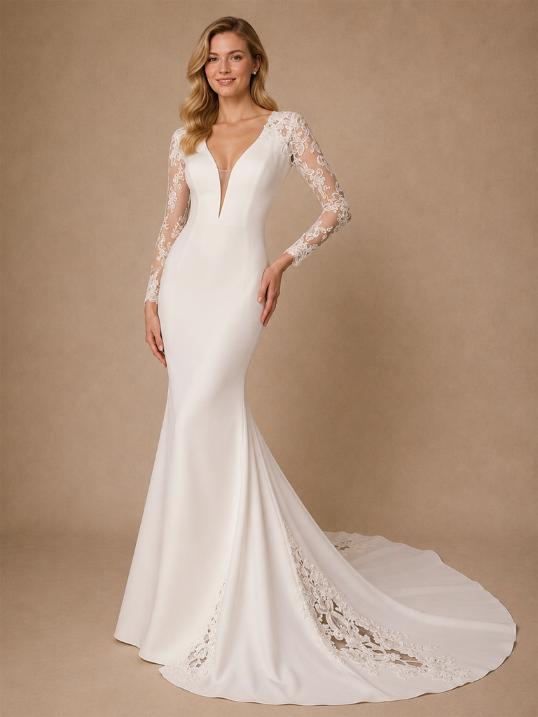 ChicSew Sexy V-Neck Lace Long Sleeves Mermaid Crepe Floor-Length Wedding Dress
