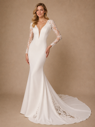 ChicSew Sexy V-Neck Lace Long Sleeves Mermaid Crepe Floor-Length Wedding Dress