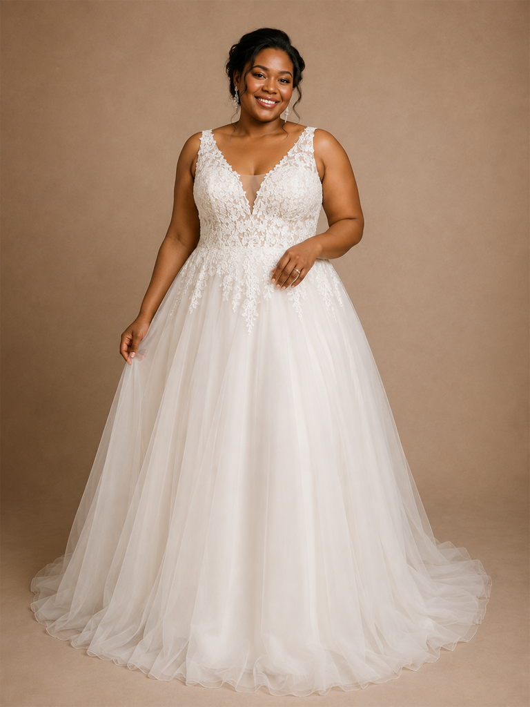 ChicSew Sexy V-Neck A-Line Sleeveless Lace Tulle Maxi Long Wedding Dress