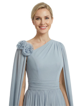 One Shoulder Chiffon Mother Of The Bride Dress Cape Sleeves Maxi Gown Formal Wedding Attire