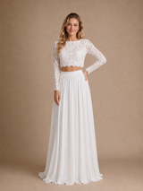 ChicSew Elegant Bateau Long Sleeves Two Piece Lace Chiffon A-Line Maxi Wedding Dress