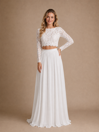 ChicSew Elegant Bateau Long Sleeves Two Piece Lace Chiffon A-Line Maxi Wedding Dress