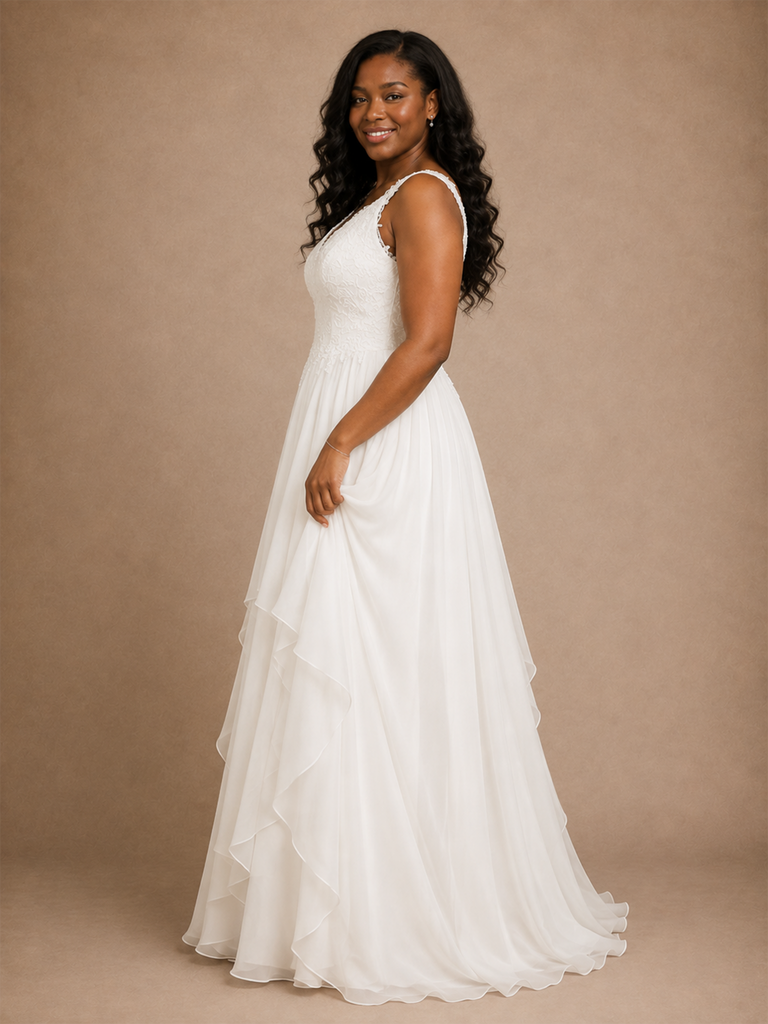 ChicSew Elegant V-Neck Chiffon Sleeveless Ruffled A-Line Maxi Wedding Dress With Applique