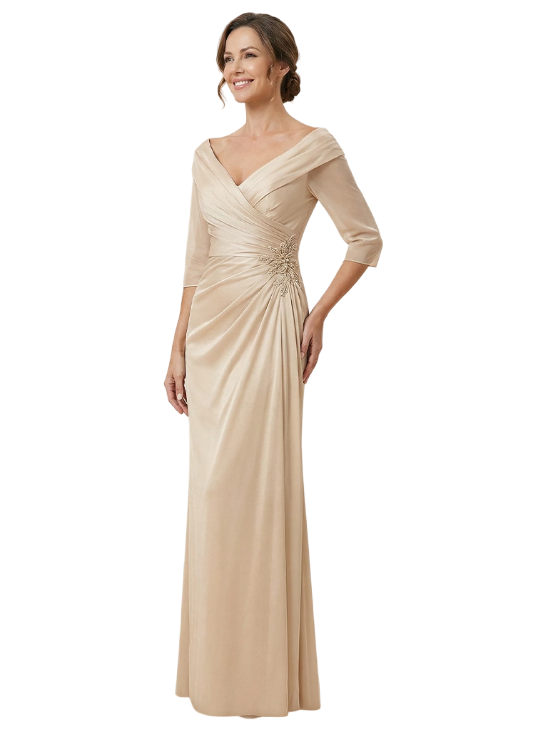 Elegant V-Neck Off Shoulder 3/4 Sleeves Ruching Mermaid Mother Of The Bride Dresses