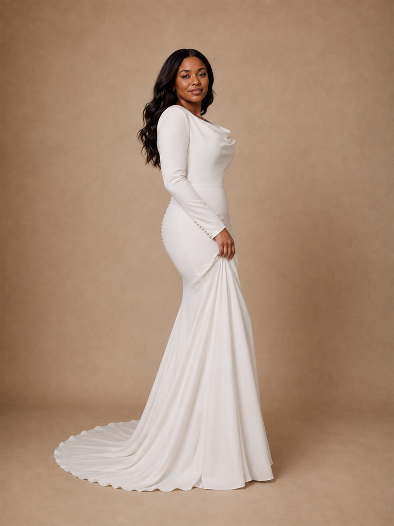 ChicSew Elegant Cowl Neck Mermaid Crepe Long Sleeves Floor-Length Wedding Dress With Button