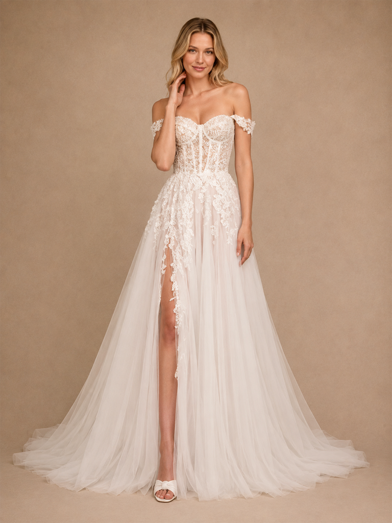 ChicSew Fancy Off The Shoulder Boning Side Slit Lace Tulle Maxi A-Line Wedding Dress