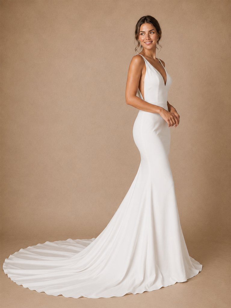 ChicSew Sexy V-Neck Crepe Spaghetti Straps Mermaid Floor-Length Wedding Dress