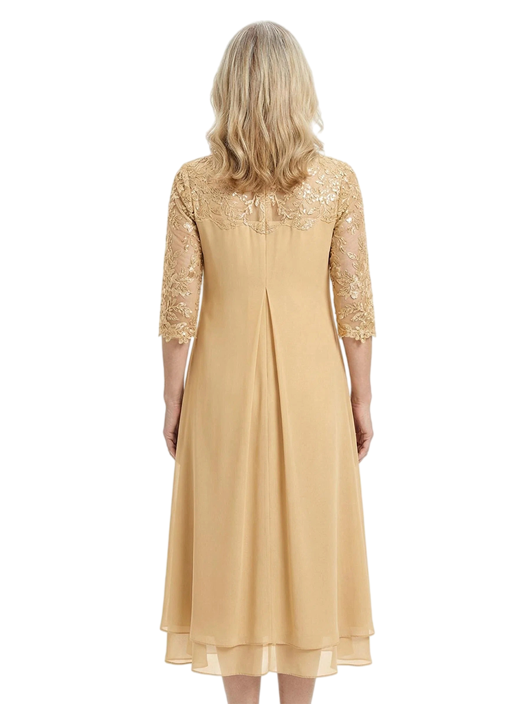 ChicSew Jewel Long Sleeve Beaded Lace Applique Tea Length Chiffon Casual Mother Of The Bride And Groom Dresses