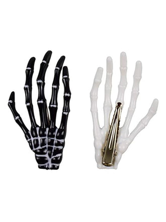 Halloween Skeleton Hands Bone Hair Clips White and Black 2 Pairs