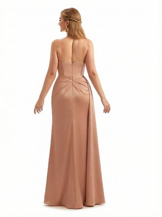Sexy Sweetheart Ruched Mermaid Soft Satin Unique Long Formal Dresses Side Slit
