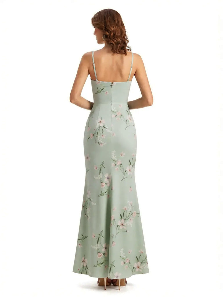 Simple One Shoulder Side Slit Sleeveless Mermaid Floral Satin Maxi Floral Formal Dresses For Women