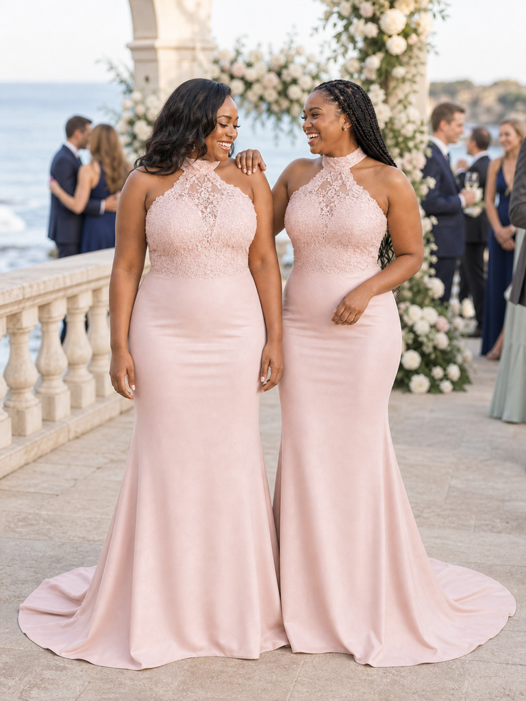 ChicSew Unique Halter Lace Appliques Soft Satin Tulle Mermaid Floor-Length Bridesmaid Dresses