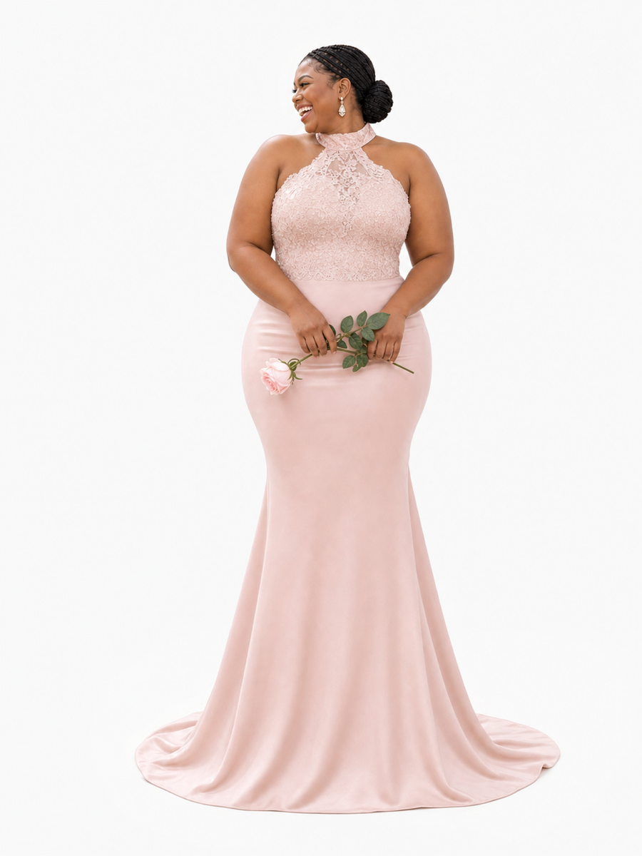 ChicSew Unique Halter Lace Appliques Soft Satin Tulle Mermaid Floor-Length Bridesmaid Dresses