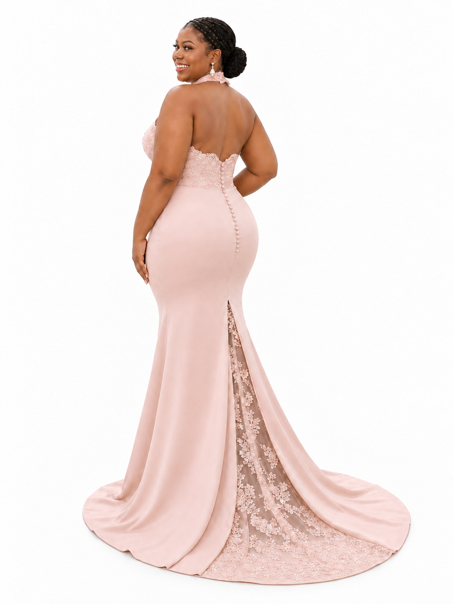 ChicSew Unique Halter Lace Appliques Soft Satin Tulle Mermaid Floor-Length Bridesmaid Dresses
