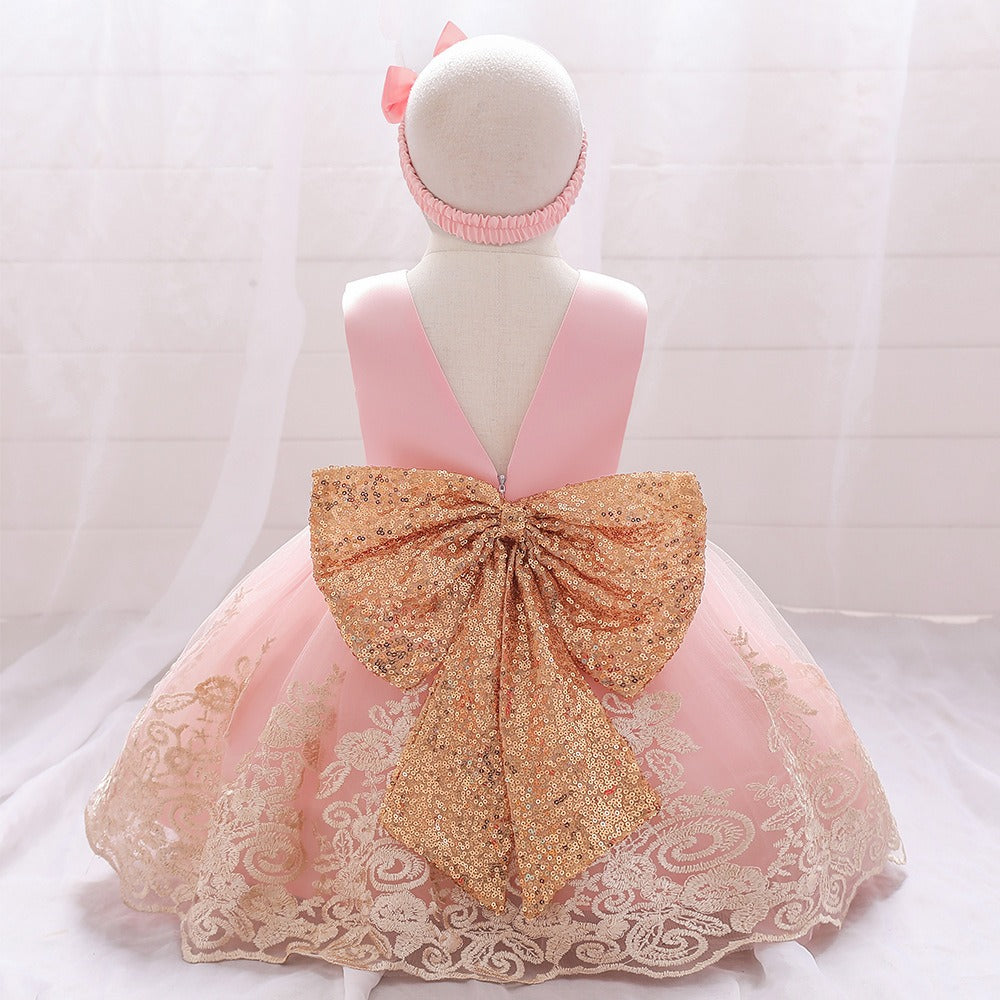 Luxury Lace Flower Girls Dress Elegant with Bow Princess Gown for Wedding