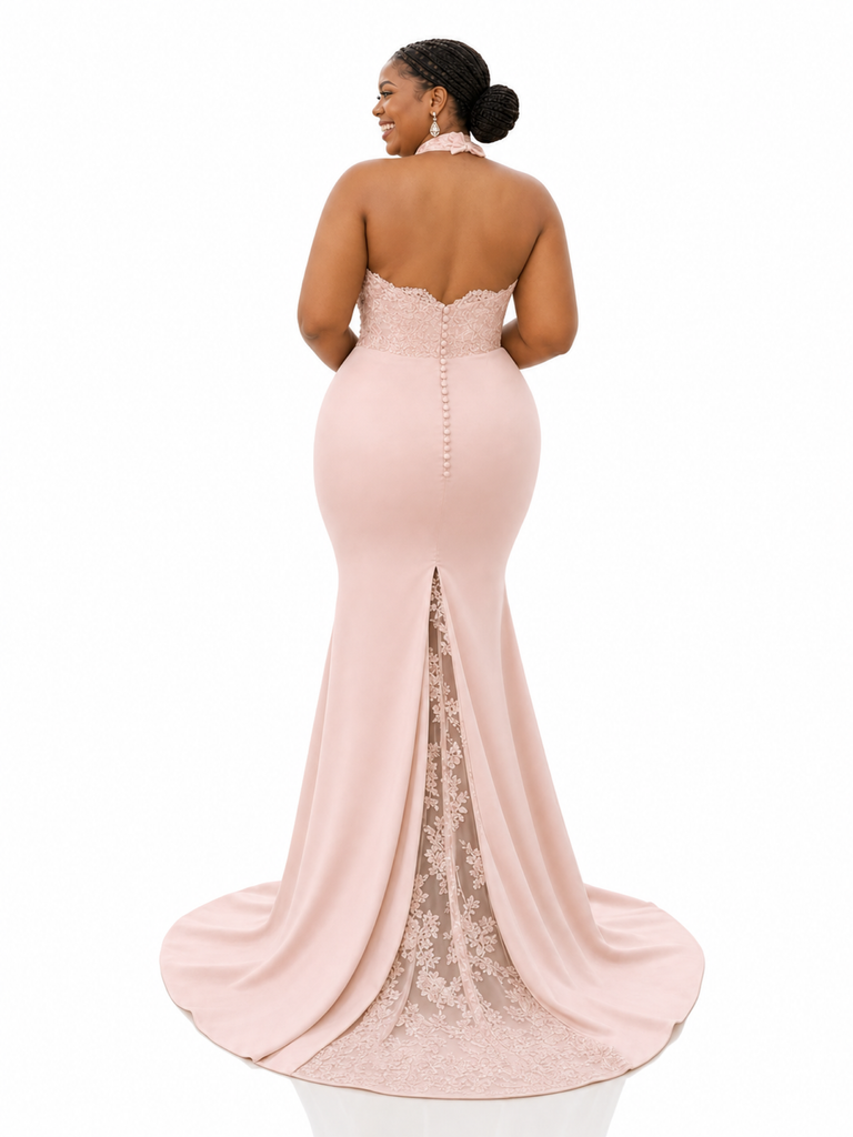 ChicSew Unique Halter Lace Appliques Soft Satin Tulle Mermaid Floor-Length Bridesmaid Dresses
