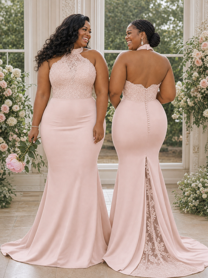 ChicSew Unique Halter Lace Appliques Soft Satin Tulle Mermaid Floor-Length Bridesmaid Dresses