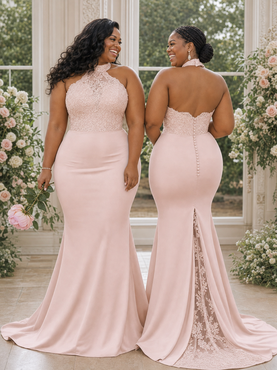 ChicSew Unique Halter Lace Appliques Soft Satin Tulle Mermaid Floor-Length Bridesmaid Dresses