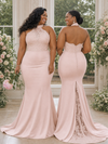 ChicSew Unique Halter Lace Appliques Soft Satin Tulle Mermaid Floor-Length Bridesmaid Dresses