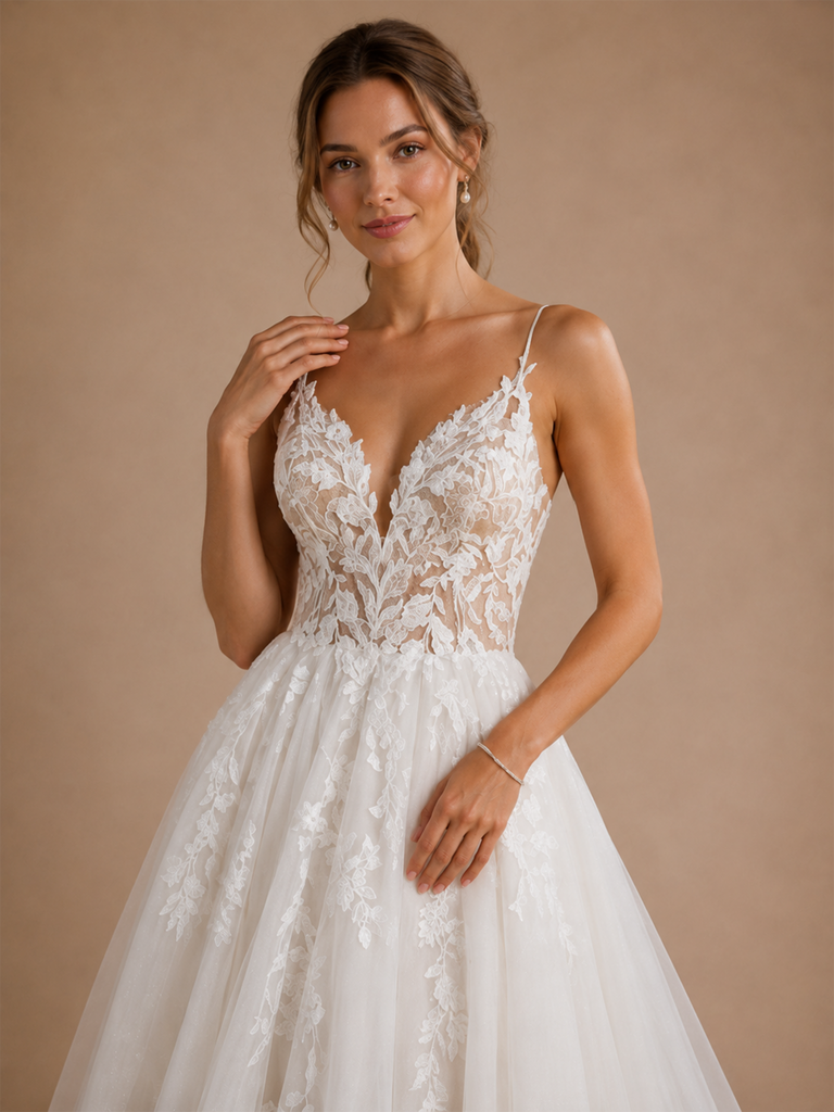 ChicSew Elegant Fancy Spaghetti Straps Lace Tulle Maxi A-Line Wedding Dress