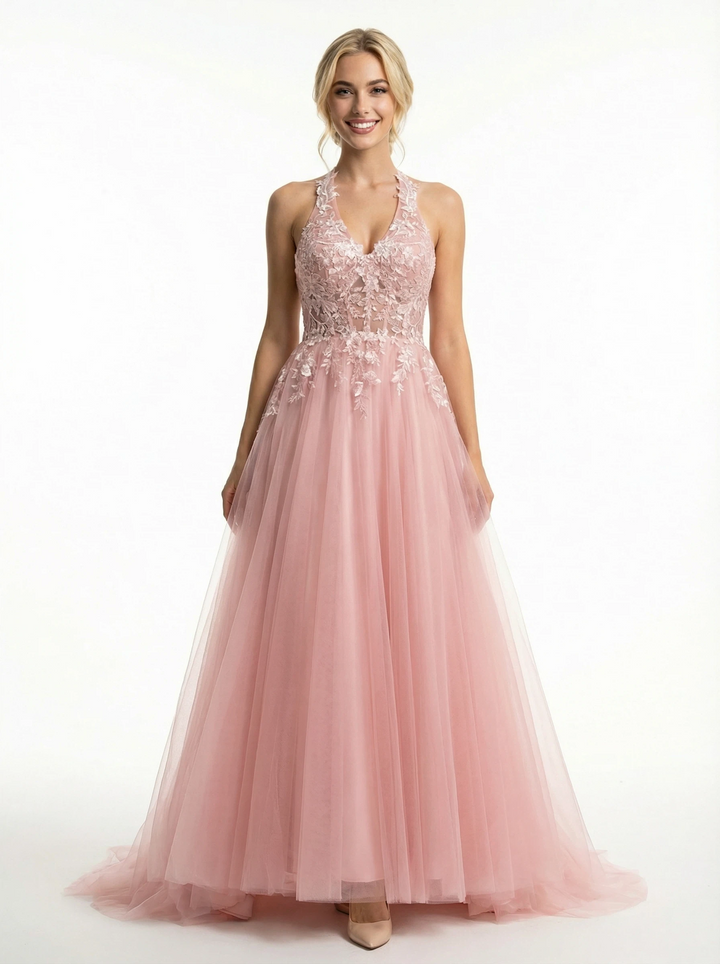 Beautiful Halter Tulle Lace Appliques A-line Prom Ball Gowns