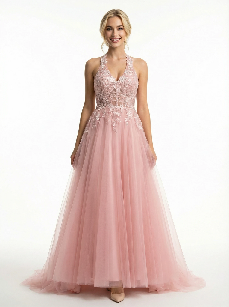 Beautiful Halter Tulle Lace Appliques A-line Prom Ball Gowns
