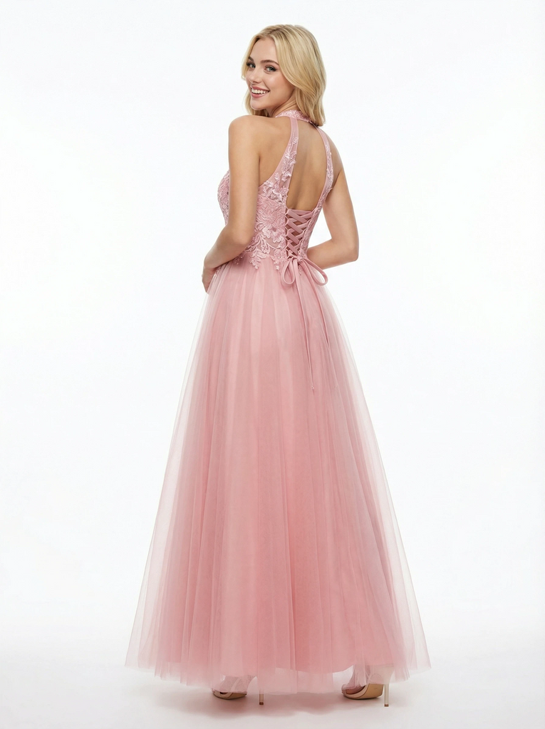 Beautiful Halter Tulle Lace Appliques A-line Prom Ball Gowns