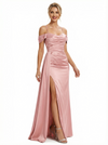 Modern Cold Shoulder Ruched Satin Maxi Prom Dresses with Slit