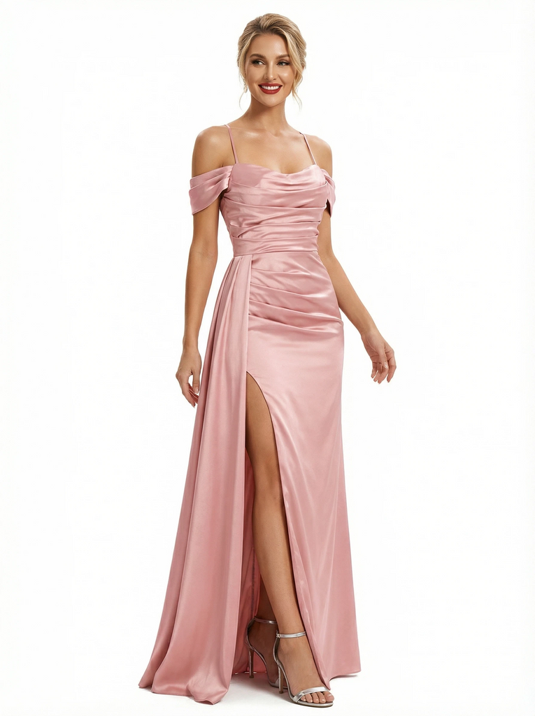 Modern Cold Shoulder Ruched Satin Maxi Prom Dresses with Slit
