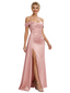 Modern Cold Shoulder Ruched Satin Maxi Prom Dresses with Slit