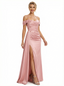 Modern Cold Shoulder Ruched Satin Maxi Prom Dresses with Slit