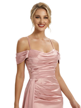 Modern Cold Shoulder Ruched Satin Maxi Prom Dresses with Slit