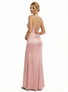Modern Cold Shoulder Ruched Satin Maxi Prom Dresses with Slit
