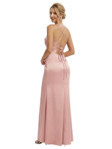 Modern Cold Shoulder Ruched Satin Maxi Prom Dresses with Slit