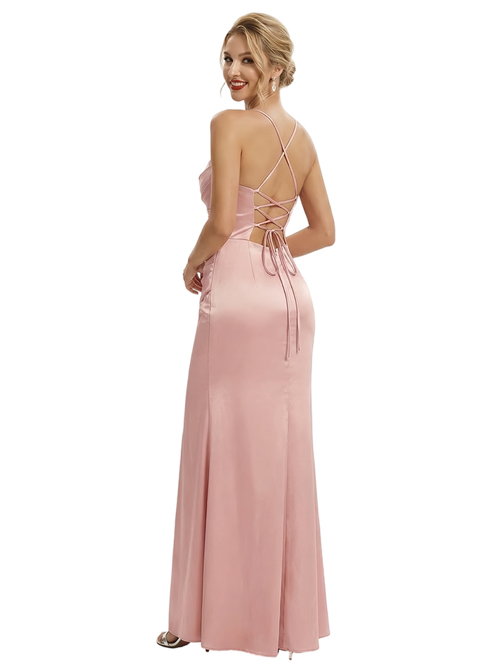 Modern Cold Shoulder Ruched Satin Maxi Prom Dresses with Slit