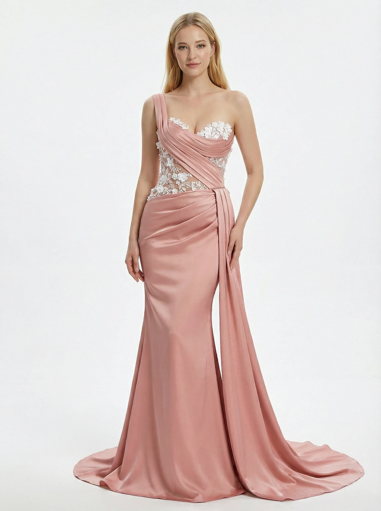 Stunning One Shoulder Floral Appliques Ruched Satin Mermaid Prom Gown