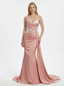 Stunning One Shoulder Floral Appliques Ruched Satin Mermaid Prom Gown