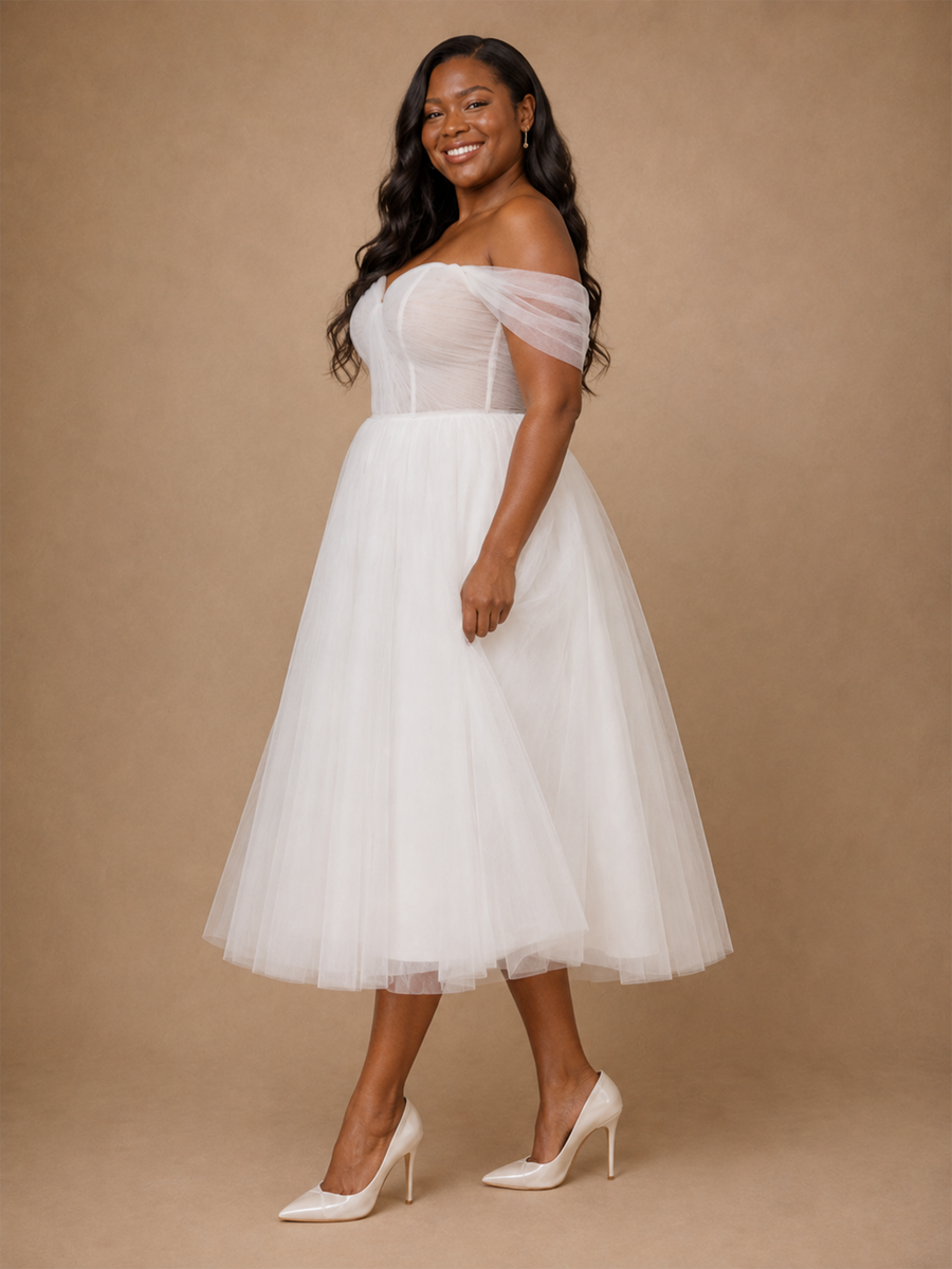ChicSew Elegant Classy Off The Shoulder Lace Tulle A-Line Tea-Length Wedding Dress