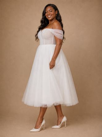 ChicSew Elegant Classy Off The Shoulder Lace Tulle A-Line Tea-Length Wedding Dress
