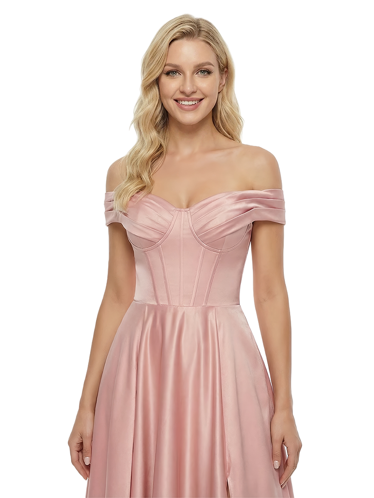 Chic Off the Shoulder Satin A-Line Corset Prom Dress with Slit