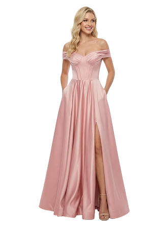 Chic Off the Shoulder Satin A-Line Corset Prom Dress with Slit