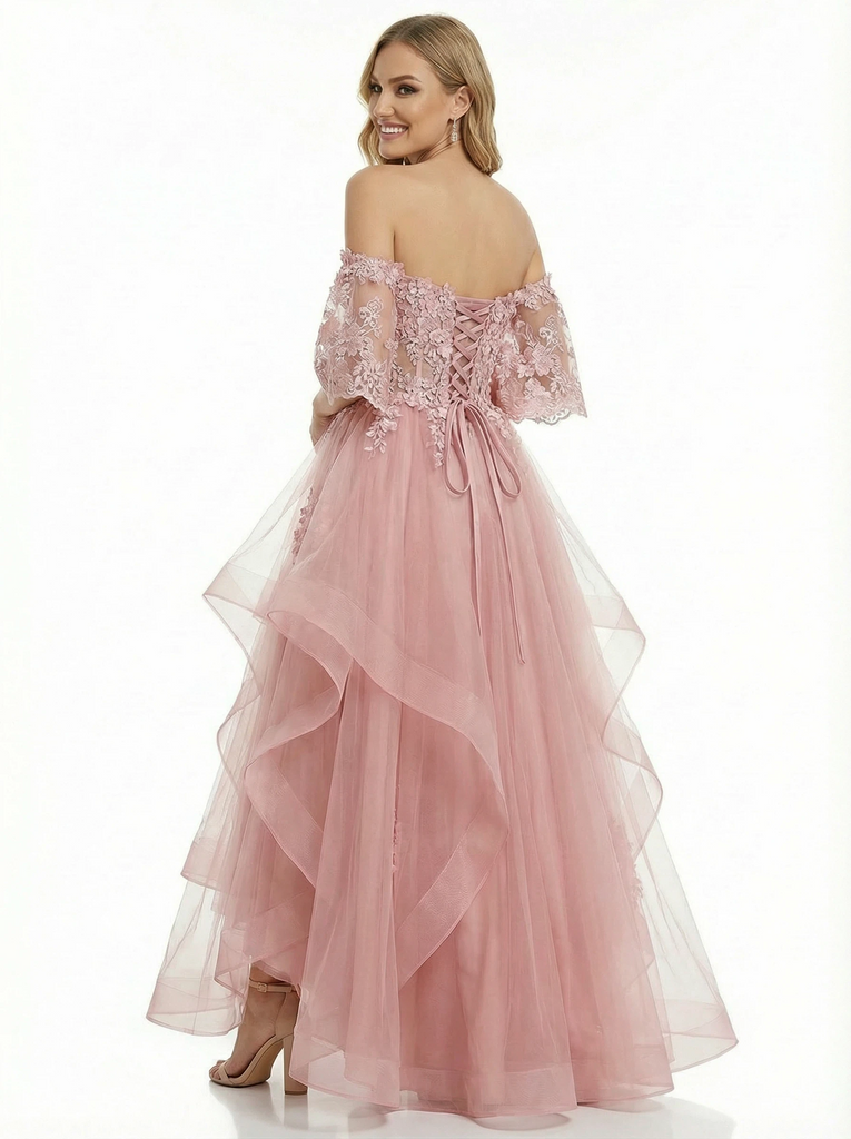 Unique Off the Shoulder A-line High-Low Ball Gown Prom Dresses with Floral Appliques