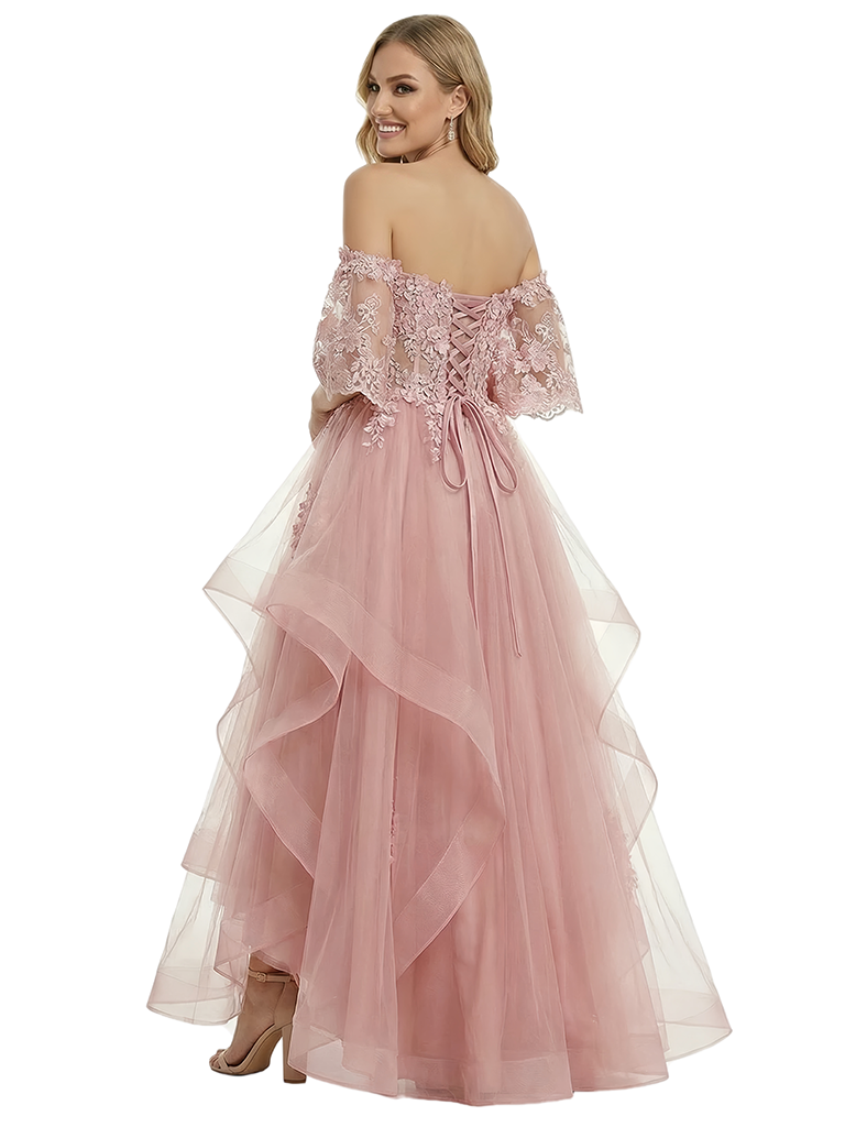 Unique Off the Shoulder A-line High-Low Ball Gown Prom Dresses with Floral Appliques