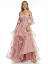 Unique Off the Shoulder A-line High-Low Ball Gown Prom Dresses with Floral Appliques